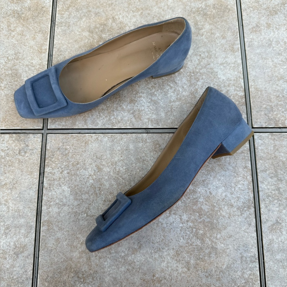 ANN MASHBURN Powder Blue Suede Low Block Heel Pumps with Decorative Buckle - Picture 7 of 14